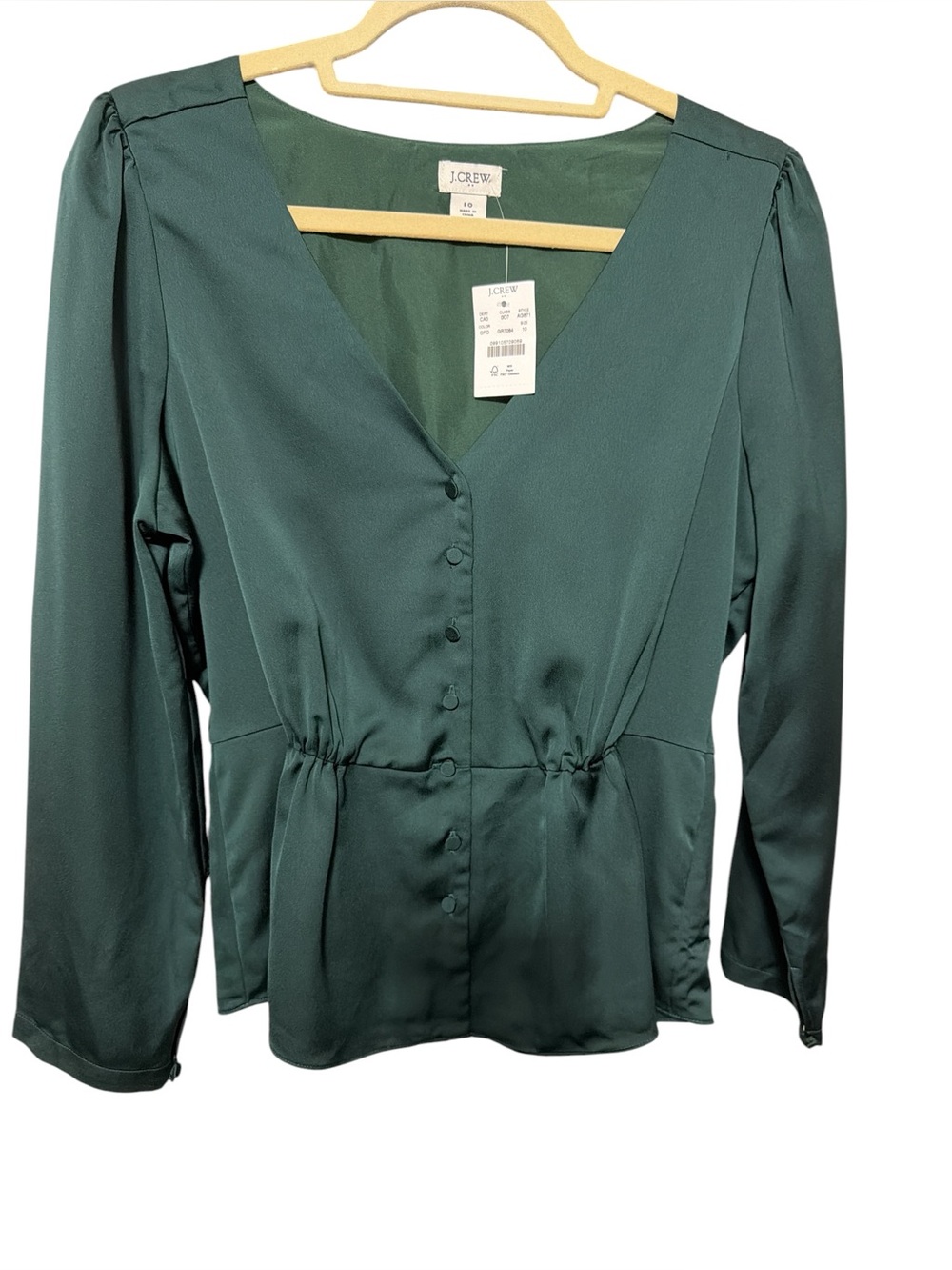 J. Crew Forest Green V-Neck Button Front Long Sleeve Blouse